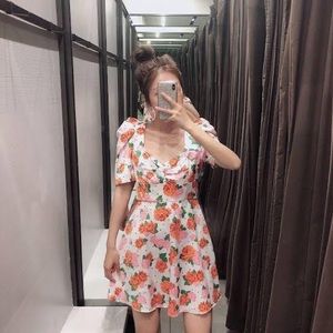 ZARA Floral Print Dress Puff Sleeves Size M
